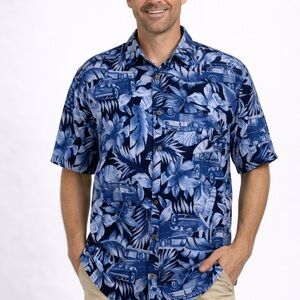 Panama Jack Men's XL Hawaii Shirt Midnight Blue Woody Car Floral Aloha Retro‎